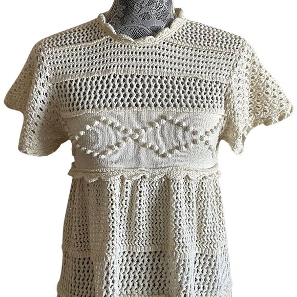 Alexa Chung Cutout Cotton Blend Crochet Knit Top Ecru Size Small - Picture 4 of 6
